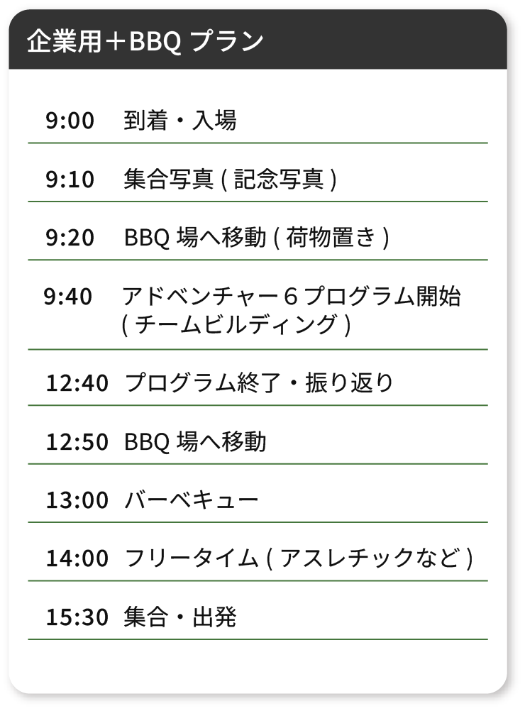 「企業用＋BBQプラン」　9:00到着・入場　9:10集合写真（記念写真）　9:20BBQ場へ移動（荷物置き）　9:40アドベンチャー6プログラム開始（チームビルディング）　12:40プログラム終了・振り返り　12:50BBQ場へ移動　13:00バーベキュー　14:00フリータイム（アスレチックなど）　15:30集合・出発